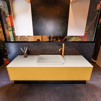 Badkamermeubelset Mondiaz Erin 150 cm met 1 Lade met RIDGE Wastafel Midden Linen met 1 kraangat Greeploos Mat Ocher