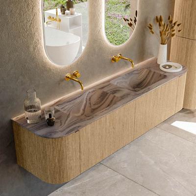 Badmeubel Mondiaz Kurve-Dlux | 180 cm | Meubelkleur Oak | Wastafelkleur Sombra | Solid surface | Wasbak beide zijden spoelbak | Zonder kraangat(en)