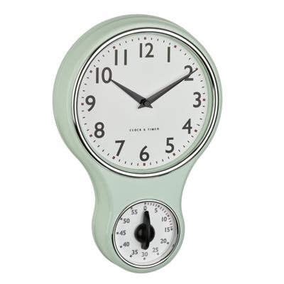 TFA Keuken wandklok - retro design met timer/kookwekker - mintgroen - H30 cm - kunststof