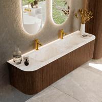 Badmeubel Mondiaz Kurve-Dlux | 170 cm | Meubelkleur Walnut | Wastafelkleur Frappe | Solid surface | Dubbele spoelbak | 2 kraangaten