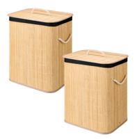 Wasmand van bamboe - 2x - zwart / bruin - 60 liter - 40 x 30 x 50 cm - met deksel