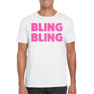 Verkleed T-shirt voor heren - bling - wit - roze glitter - glitter and glamour - carnaval/themafeest