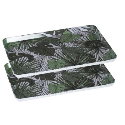 2x stuks dienbladen/serveerbladen rechthoekig Jungle 45 x 30 cm wit/groen