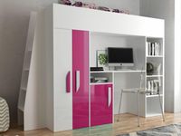 Samengesteld bed PARADISIO 90x200 cm wit/hoogglans roze met ladder aan de linkerzijde - thumbnail