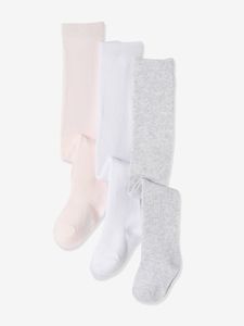 3 paar tricot maillots voor baby's wit/lichtroze/grijs chiné