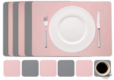 Cookinglife 6 Placemats + 6 Onderzetters - Dubbelzijdig - Vegan leer - Roze / Grijs