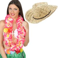 Carnaval verkleed set - Tropische Hawaii party - strohoed - met volle bloemenslinger in roze