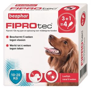 BEAPHAR FIPROTEC HOND TEGEN TEKEN EN VLOOIEN 10-20 KG 3+1 PIP