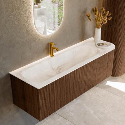 Badmeubel Mondiaz Kurve-Dlux | 145 cm | Meubelkleur Walnut | Wastafelkleur Frappe | Solid surface | Links spoelbak | 1 kraangat