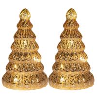 Kerstboom beeldje - 2x - goud - met LED licht - 18 cm - glas - decoratie kerstboompje