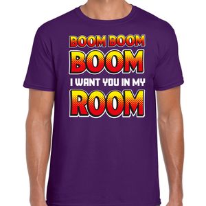 Foute party t-shirt voor heren - Boom boom boom i want you in my room - paars - carnaval/themafeest