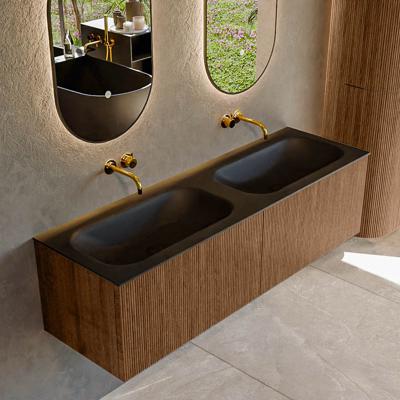 Mondiaz KURVE 150 cm Onderkast Greeploos 2 Lades Zonder Deuren Walnut, Wastafel Solid Surface Dubbel Urban 0 Kraangaten Zonder Spiegel (KRVBGS1502L0D0KD-Wal/Urb)