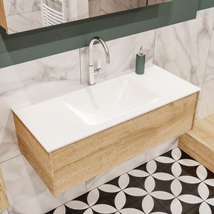 Mondiaz Lush Cloud badmeubel eiken licht 100 cm 1 lade solid surface enkele spoelbak midden 1 kraangat