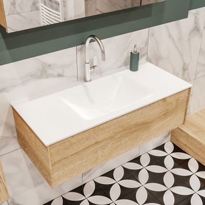 Mondiaz Lush Cloud badmeubel Washed oak 100 cm 1 lade solid surface enkele spoelbak midden 1 kraangat