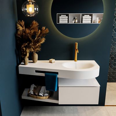 MONDIAZ RIVA 120cm badmeubel onderkast / planchet kleur Linen met 1 lade. Wastafel DULCET rechts 1 kraangat kleur Talc. MONDIAZ RIVA 120cm badmeubel onderkast / planchet kleur Linen met 1 lade. Wastafel DULCET rechts 1 kraangat kleur Talc.