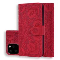 Kalf patroon dubbele vouwen ontwerp reliëf lederen draagtas met portemonnee & houder & kaartsleuven voor iPhone 11 (6 1 inch) (rood)