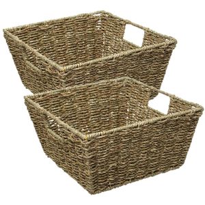 5Five Rieten opbergmand - 2x - gevlochten - beige/zwart - 31 x 31 x 15 cm - kastmanden