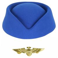 Carnaval verkleed set - stewardessen hoedje - blauw - met een wings broche - dames - thumbnail