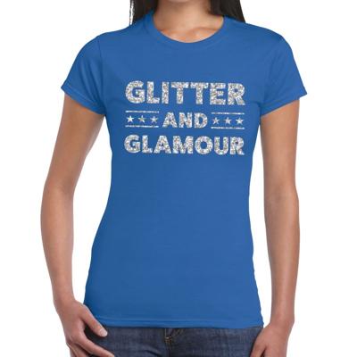Glitter and Glamour Feestkleding T-shirt - Blauw - zilver glitters letters - voor dames - Kleding