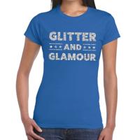 Glitter and Glamour Feestkleding T-shirt - Blauw - zilver glitters letters - voor dames - Kleding