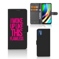 Motorola Moto G9 Plus Hoesje met naam Woke Up - Origineel Cadeau Zelf Maken | Portemonnee hoesje