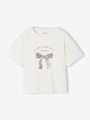 T-shirt met afbeelding, omkeerbare pailletten en korte mouwen voor meisjes ecru