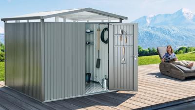 Biohort Panorama Gr. P4 metalen tuinhuis met standaard deur 273x278 cm zilvergrijs metallic- Zadeldak- Staal- Biohort Biohort Panorama Gr. P4 metalen tuinhuis met standaard deur 273x278 cm zilvergrijs metallic- Zadeldak- Staal- Biohort