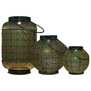 Solar lantaarn set - 3-delig - antiek - turquoise - metaal - 16 x 14 / 19 x 18 / 16 x 26 cm