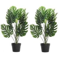 2x Groene Monstera gatenplant kunstplanten 70 cm met zwarte pot   - - thumbnail