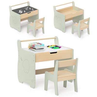 3-in-1 Kinderstoelgroep van Hout Kindertafel met Stoel Kindertekeningstafel met Omkeerbare Tafelblad