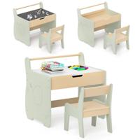 3-in-1 Kinderstoelgroep van Hout Kindertafel met Stoel Kindertekeningstafel met Omkeerbare Tafelblad