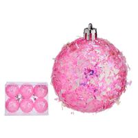 Kerstballen - 6x stuks - roze glitter - kunststof - 6 cm