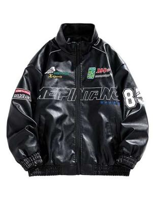 Bon&Bon Men's PU Leather Biker Jacket - Red Letter Embroidery Streetwear Black / M