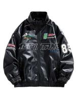 Bon&Bon Men's PU Leather Biker Jacket - Red Letter Embroidery Streetwear Black / M