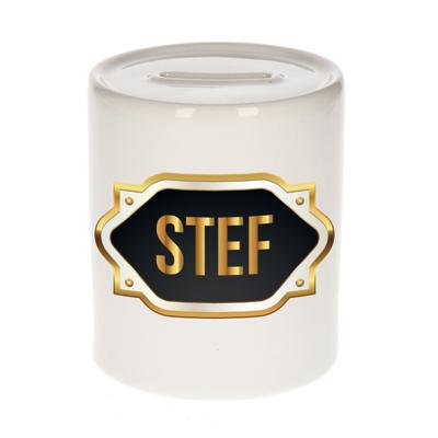 Spaarpot met voornaam Stef - wit - goud/zwart embleem - 8 x 9 cm - keramiek - afsluitdop