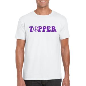 Toppers in concert - Wit Flower Power t-shirt Topper met paarse letters heren