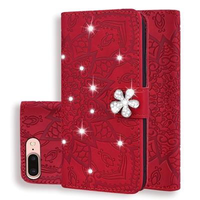 iPhone 7 Plus & 8 Plus met nep diamanten ingelegd uniek 3D mandala patroon PU leren Flip Hoesje met houder en opbergruimte voor pinpassen & geld (rood