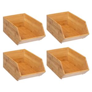 Stapelbare opbergmand 1 vaks - 4x - L18 x B31 x H12 cm - bamboe hout - lichtbruin - organizer