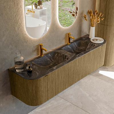 Badmeubel Mondiaz Kurve-Dlux | 170 cm cm | Meubelkleur Dusk | Wastafelkleur Lava | Solid surface | Wasbak beiden zijden spoelbak | 2 kraangaten