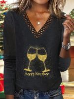 Wine Glass Long Sleeve Lace V Neck Casual T-Shirt