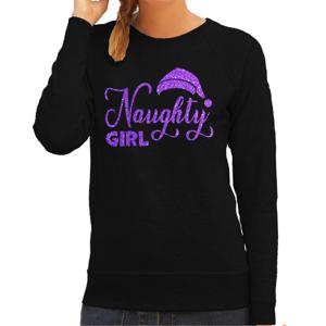 Foute kersttrui/sweater voor dames - Naughty Girl - zwart - glitter paars - Kerstmuts