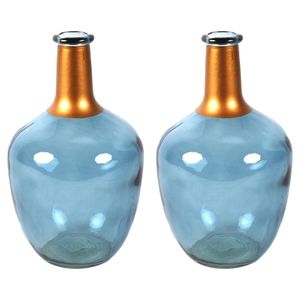 Bloemenvaas Firm Big Bottle - 2x - blauw transparant/koper - glas - D15 x H25 cm