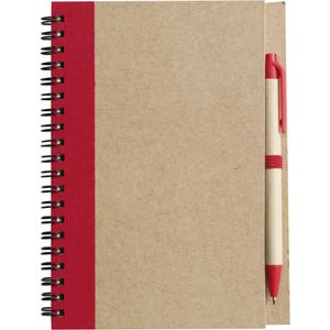 Notitie boekje/blok met balpen - harde kaft - beige/rood - 18 x 13 cm - 60 bladzijden gelinieerd