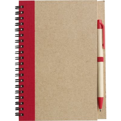 Notitie boekje/blok met balpen - harde kaft - beige/rood - 18 x 13 cm - 60 bladzijden gelinieerd