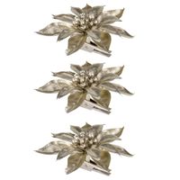 4x stuks decoratie bloemen kerstster champagne glitter op clip 9 cm