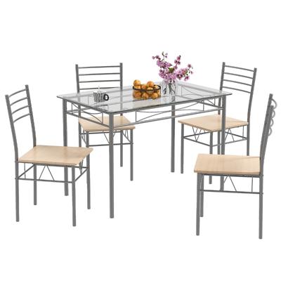 5-Delige Glazen Eetkamerset met 1 Rechthoekige Tafel en 4 Stoelen Tafel- en Stoelset met Roestbestendig Metalen Frame