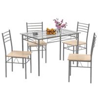 5-Delige Glazen Eetkamerset met 1 Rechthoekige Tafel en 4 Stoelen Tafel- en Stoelset met Roestbestendig Metalen Frame