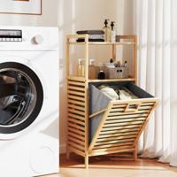 Badkamerrek met Wasmand Bamboe Plank Badkamerkast met 2 Planken en Uitklapbare Mand van Stof Wasverzamelaar voor Badkamer