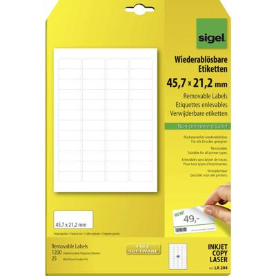 Sigel LA204 45.7 x 21.2 mm Papier Wit 1200 stuk(s) Weer verwijderbaar Universele etiketten 25 vel DIN A4