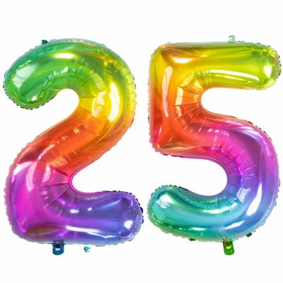 Grote folie ballonnen cijfer 25 in het glimmend multi-kleuren 86 cm